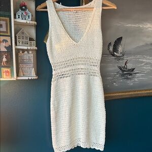 Superdown Cream Crochet Knit Midi Dress V-Neck Summer Beach Size S
